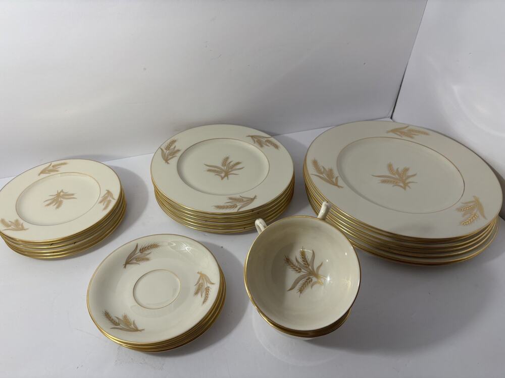 Lenox Harvest Dinnerware Set Wheat Gold Trim USA 27 Pieces Plates & Cups